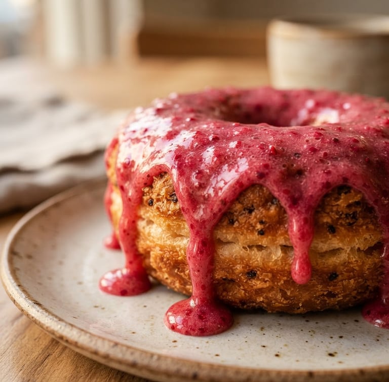 Close-up of vibrant raspberry glaze dripping slowly over a perfectly textured pastry, warm natural afternoon light, high definition editorial photography