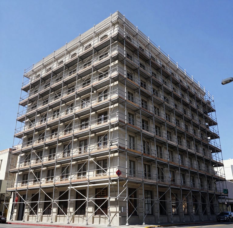 Wide architectural shot of a multi-story historic building on Wilshire Boulevard enclosed in perfectly aligned steel scaffolding, bright Southern California sun