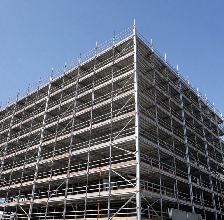 Wide-angle architectural shot of high-contrast steel system scaffolding perfectly aligned on a modern Los Angeles commercial structure under bright Southern California sunlight.