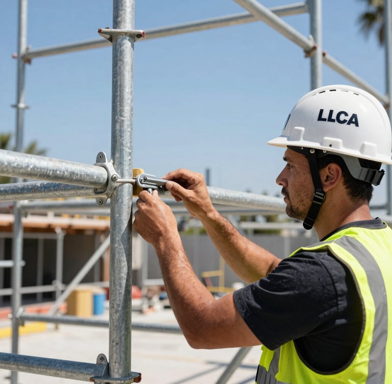 Close-up of a professional scaffolding inspector in a clean branded hardhat and safety vest, inspecting a steel locking pin on an LA job site, bright direct Southern California sunlight.