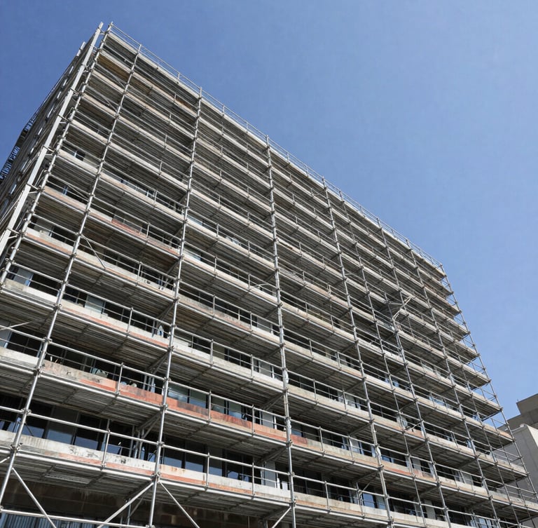 Wide-angle architectural lens shot of perfectly aligned steel scaffolding rising up a modern Los Angeles commercial building under bright Southern California sunlight, crisp shadows.