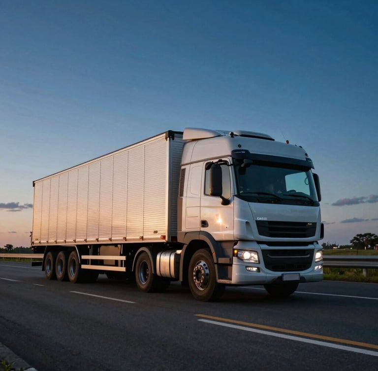 Wide-angle twilight shot of a modern Brazilian cargo truck driving on a clean, open highway, crisp lighting, deep blue sky with a hint of warm horizon.