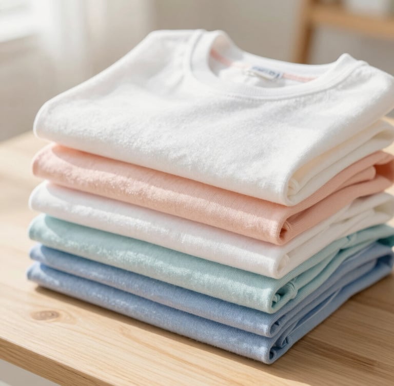 Close-up of a neat stack of freshly folded pastel-colored cotton t-shirts on a clean wooden table, soft morning sunlight, airy domestic atmosphere, 35mm lens