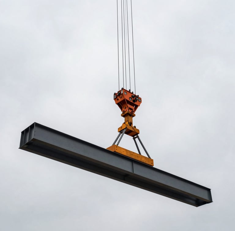 Wide-angle dramatic shot of a massive crawler crane lifting a structural steel beam on an industrial jobsite, overcast sky, desaturated tones with safety orange accents