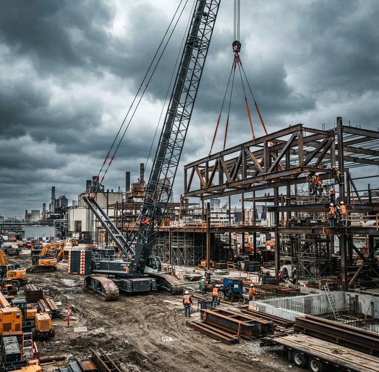 Wide-angle dramatic overcast shot of a heavy-duty crawler crane lifting massive structural steel beams on a high-contrast industrial jobsite, desaturated steel tones with sharp safety orange accents, 35mm.