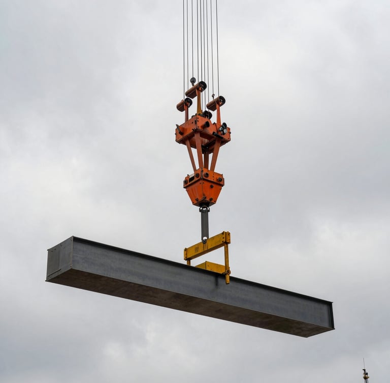 High-contrast industrial photography of a massive crawler crane lifting a heavy steel I-beam on an active construction site, dramatic overcast sky, desaturated tones