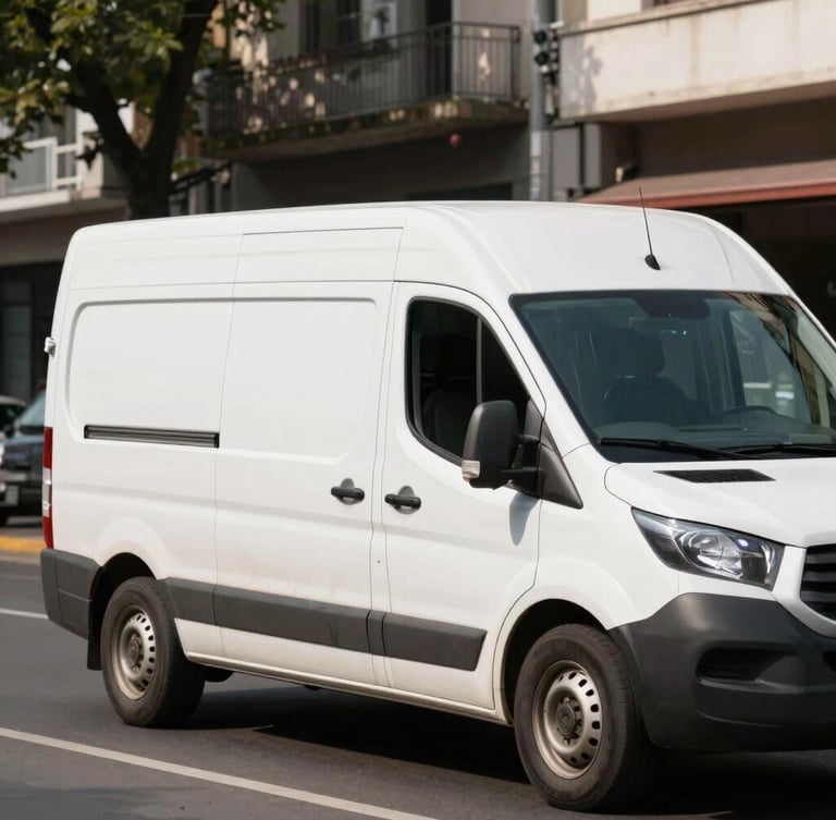 Eye-level cinematic shot of a clean white delivery van driving through a Montevideo street, bright natural daylight, crisp focus on the vehicle side.