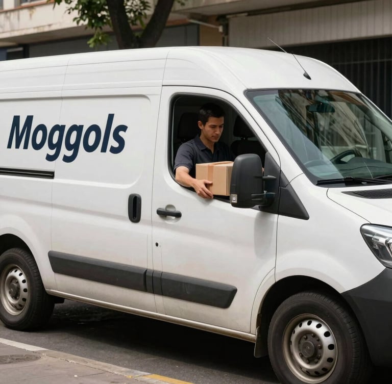 Medium shot of a clean, professional Moggols Go delivery vehicle parked on a sunny Montevideo street, driver preparing a secure cardboard package in natural daylight