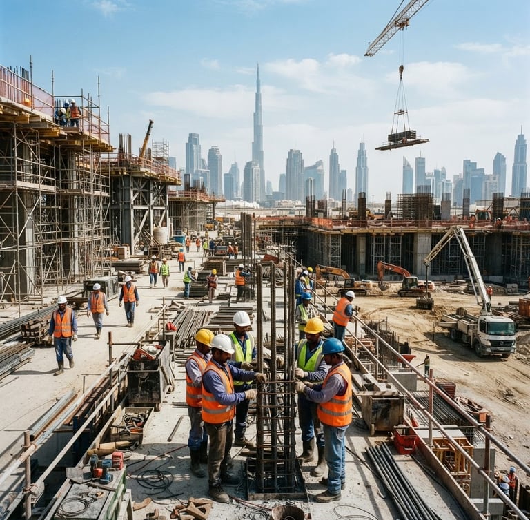 Wide-angle industrial construction site in Dubai, diverse workers in safety vests and helmets under bright daylight, sharp focus, 35mm
