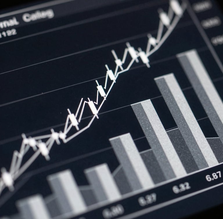 Tight macro shot of financial charts on a high-resolution dark screen, clean white lines and slate gray bars, sharp focus