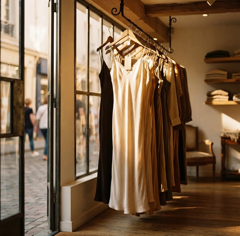 Low-angle cinematic shot of warm golden-hour light streaming through boutique windows, casting soft shadows on hanging silk dresses, shallow depth of field, 35mm film style