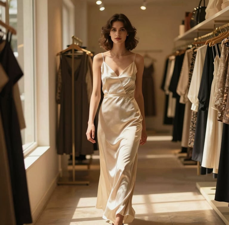 Cinematic medium shot of a woman in a flowing cream satin dress walking through a warm, sunlit boutique corridor, soft dramatic shadows, 35mm film.