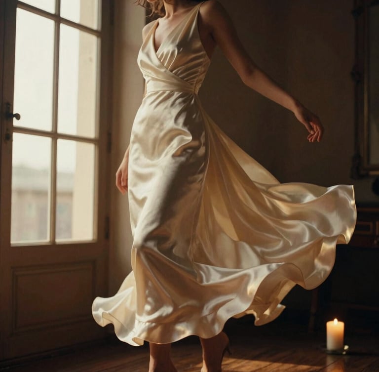 Cinematic medium-long shot of an elegant dress in motion, floating satin fabric catching warm golden-hour candlelight, deep espresso shadows, 35mm film