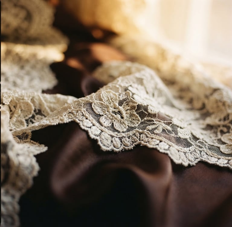 Extreme close-up of delicate cream lace draped over deep espresso satin, warm golden-hour window light, shallow depth of field, 35mm film