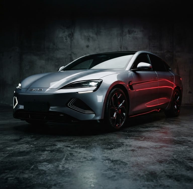 Sleek metallic grey BYD Seal electric sedan parked in a high-contrast minimalist concrete studio, cinematic low-angle shot, dramatic red neon reflections, sharp metallic curves, 35mm photography