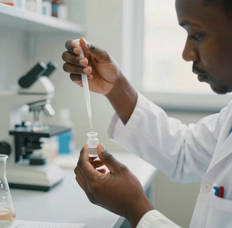 Close-up of hands-on scientific work, an African researcher carefully pipetting a solution into a vial in a clean, professional clinical environment, bright natural daylight, authentic documentary style, 35mm.