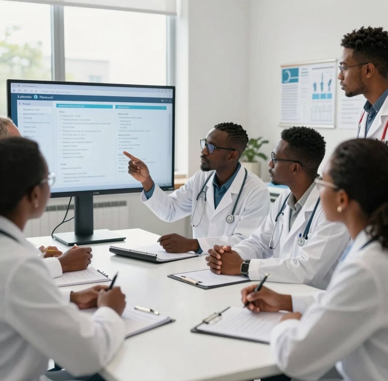 A collaborative research meeting in a clean, modern clinical office, African medical professionals and ethics board members discussing data charts on a screen, bright natural daylight, authentic documentary style.