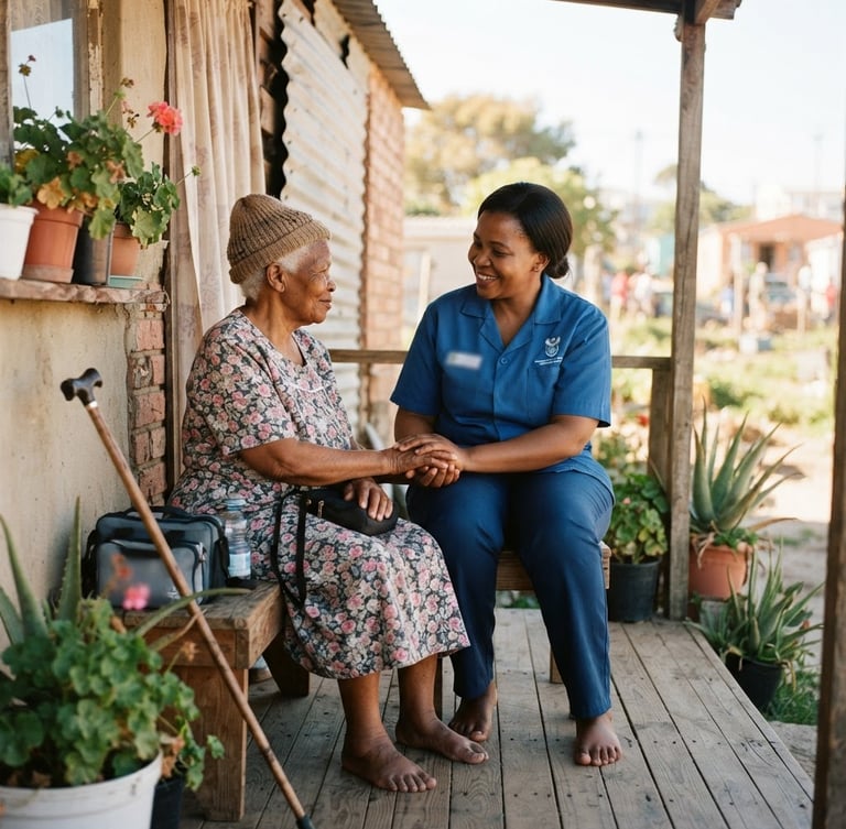A warm editorial photograph of a South African community health worker sitting with an elderly patient on a porch, bright natural morning light, soft depth of field, authentic documentary style.