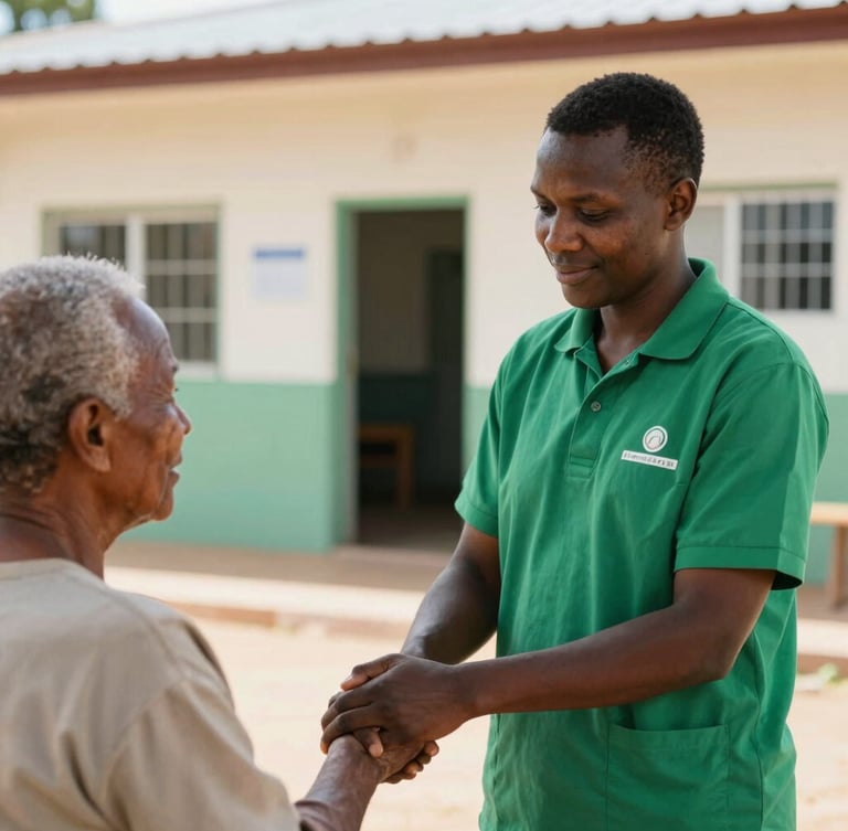 A warm editorial medium shot of a South African community health worker in a green polo shirt gently holding the hand of an elderly patient outside a clean local clinic, bright natural daylight, shallow depth of field