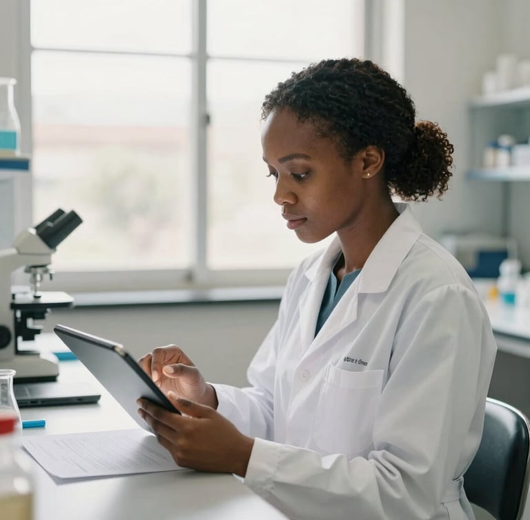 A professional, bright laboratory in Johannesburg, a female African scientist in a white coat carefully reviewing clinical trial documentation on a tablet, soft natural daylight from a large window, shallow depth of field.