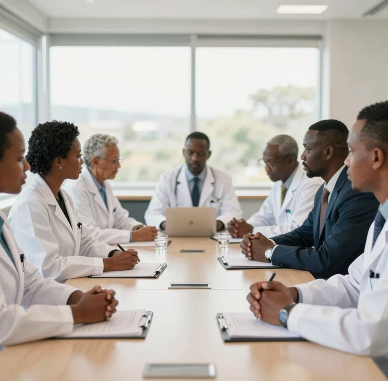 A professional collaborative meeting of African clinical researchers and health officials in a bright, modern conference room in Johannesburg, soft natural daylight, shallow depth of field.