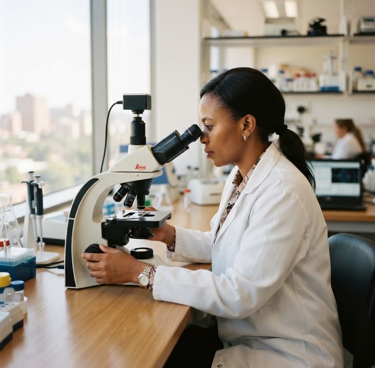 A medium shot of an African female scientist in a bright, modern laboratory setting in Johannesburg, adjusting a microscope with soft natural window light, warm editorial photography, shallow depth of field, 35mm.