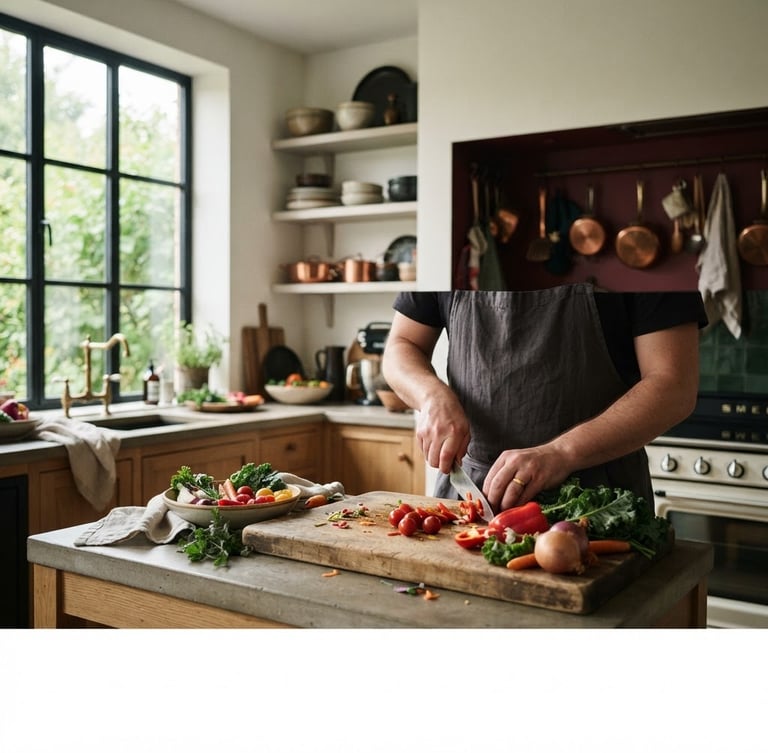 Wide panoramic shot of a rustic yet modern Scandinavian-inspired kitchen, a chef's hands preparing fresh, vibrant vegetables on a wooden cutting board, soft diffused natural daylight from a large window, moody shadows, shallow depth of field, rich crimson and forest green tones in the background elements.