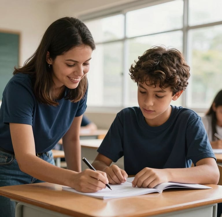 Uma monitora sorridente auxiliando um adolescente a resolver uma tarefa escolar em uma mesa de madeira clara, luz natural da tarde entrando pela janela.