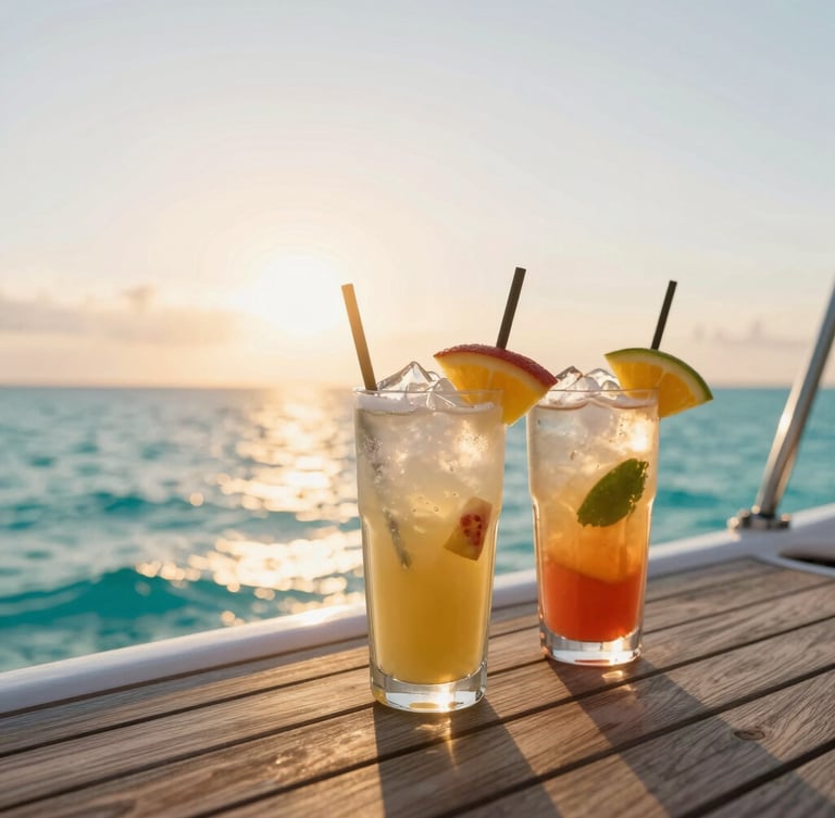 Close-up of fresh tropical drinks with ice and fruit on a catamaran's wooden deck, sun setting in the background, soft golden hour light, relaxed atmosphere, editorial travel aesthetic.