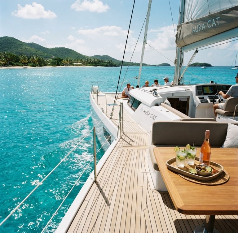 Catamarán moderno navegando en aguas turquesas brillantes, con el sol del mediodía caribeño, vista de la cubierta de teca con bebidas frescas, a la derecha de la composición.