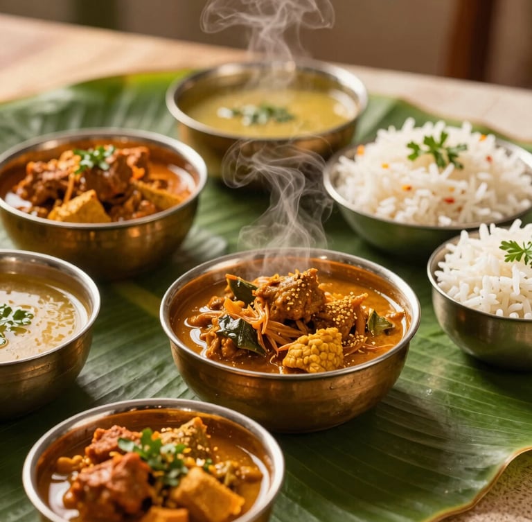 Warm editorial close-up of a traditional South Indian banana leaf feast, vibrant curries, steaming basmati rice, gleaming brass bowls, warm side lighting, shallow depth of field