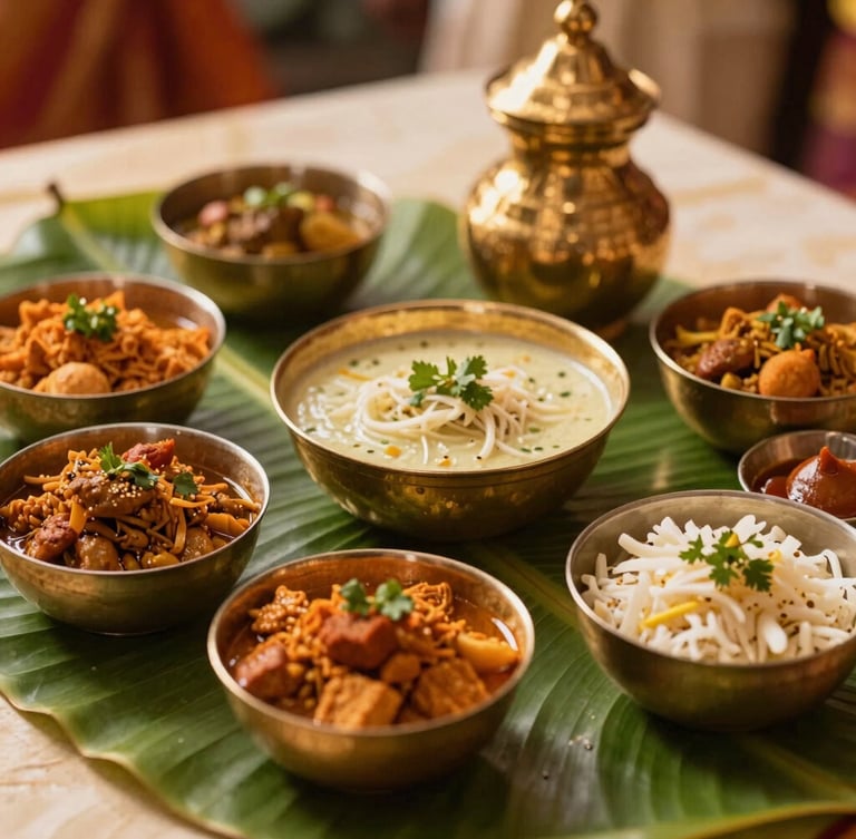 An elegant close-up of a traditional South Indian wedding feast, vibrant dishes arranged on a fresh banana leaf, gleaming brass vessels, warm golden-hour ambient lighting, shallow depth of field, 35mm.