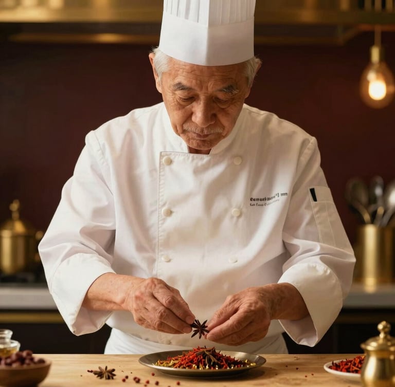 An elderly master chef in clean attire carefully selecting spices, warm low-key lighting, rich deep tones with gold accents