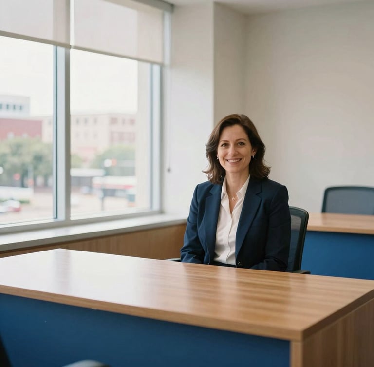 A vertical portrait of a warm professional office interior in downtown Fort Worth, natural Texas daylight streaming through windows, tidy wooden desk, clean corporate blue accents, 35mm