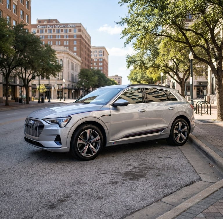 A vertical portrait of a clean modern vehicle parked along a quiet downtown Fort Worth street, bright natural Texas daylight, sharp focus, 35mm
