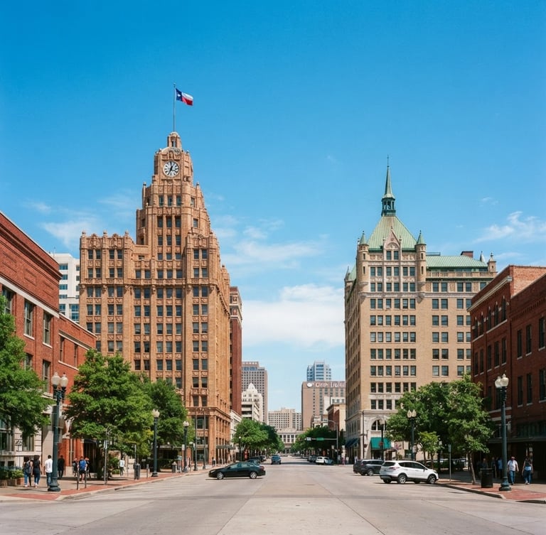 Bright professional photography of downtown Fort Worth historic buildings under clear Texas daylight, clean composition with generous negative space