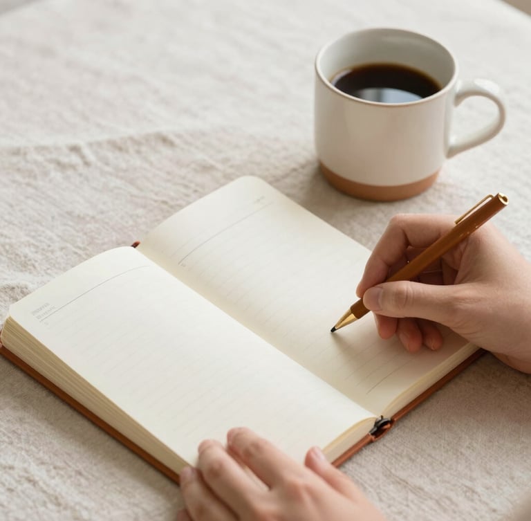 Hands organizing a physical planner next to a ceramic coffee mug on a light linen surface, soft natural daylight, warm editorial photography.
