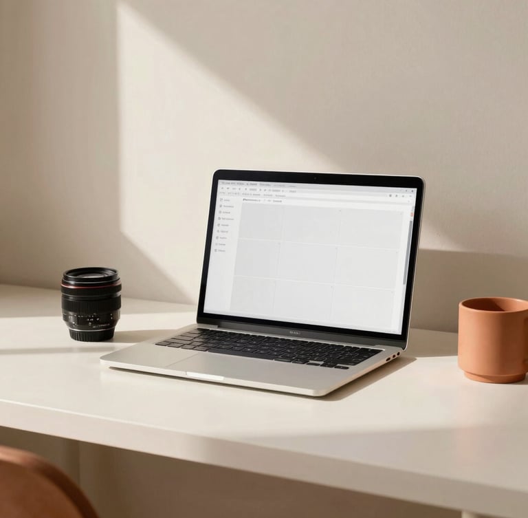 A warm, minimalist creative workspace with a laptop displaying a clean grid layout, soft natural daylight casting gentle shadows, terracotta accents, 35mm lens.