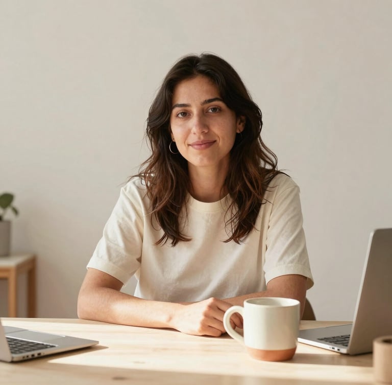 A warm, natural portrait of a creative entrepreneur working in a soft-lit office in Guadalajara, ceramic mug on desk, soft sunlight, minimalist aesthetic.