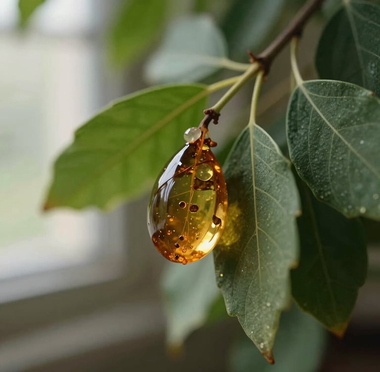 Macro close-up of amber plant resins and green botanical leaves, soft morning light, rich forest green tones, elegant apothecary style, 35mm