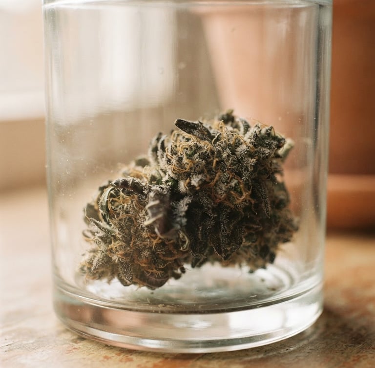 Macro close-up of a pristine, trichome-rich cannabis flower bud in an elegant minimalist glass jar, warm low-contrast lighting, soft natural window light, 35mm