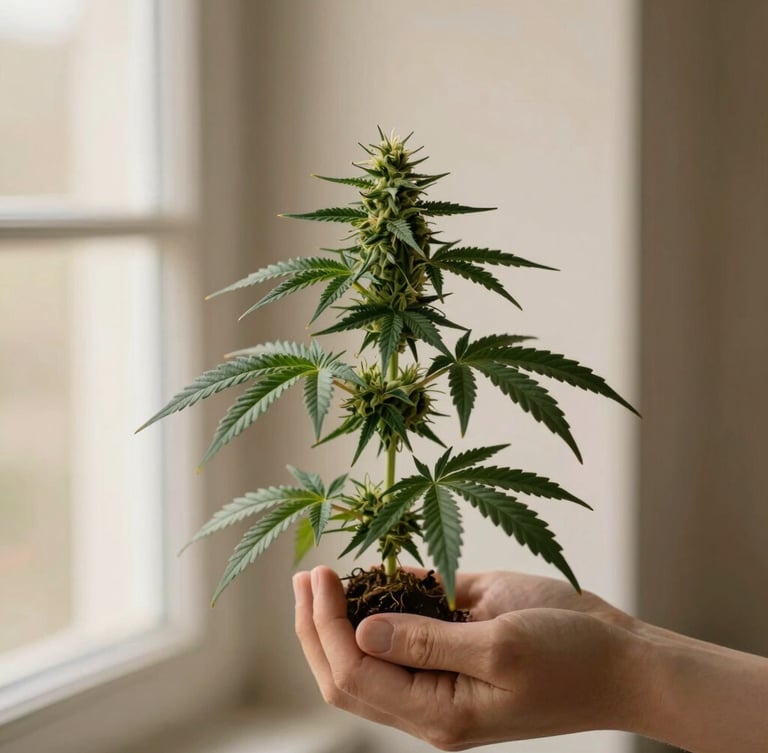 A hand holding a freshly harvested, deep green cannabis plant with visible trichomes, soft natural light, warm earthy tones, elegant composition, 35mm