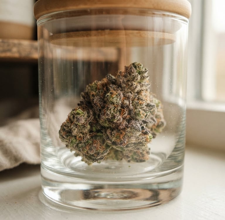 Macro close-up of pristine, trichome-rich cannabis flower resting inside an elegant heavy glass jar, soft natural window light, warm editorial style, 35mm