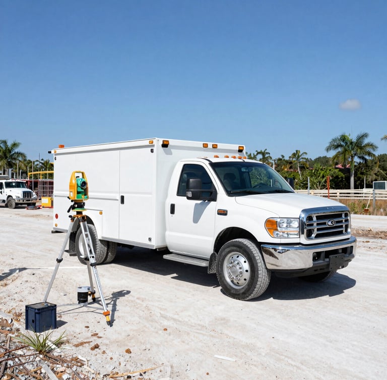 Wide environmental shot of a branded white utility truck parked on a Florida construction site, technical surveying equipment set up nearby, bright direct sunlight, sharp documentary style