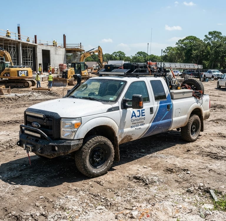 Branded AJE Consulting field vehicle, heavy-duty, with off-road tires, parked on a construction site in direct Florida sunlight, technical equipment visible, wide-angle lens, detailed, high-contrast