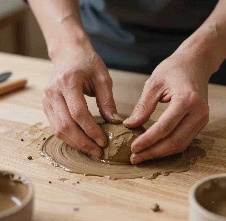 Nahaufnahme von Händen, die feuchten, terracottafarbenen Ton auf einer hellen Holzoberfläche formen, weiches natürliches Seitenlicht mit sanften Schatten, minimalistischer Atelier-Stil