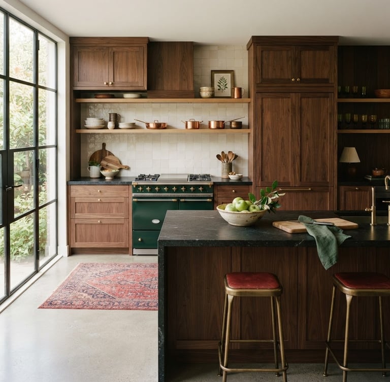 Warm editorial photography of a completed high-end kitchen renovation, natural window light illuminating rich timber joinery and dark stone countertops, 35mm