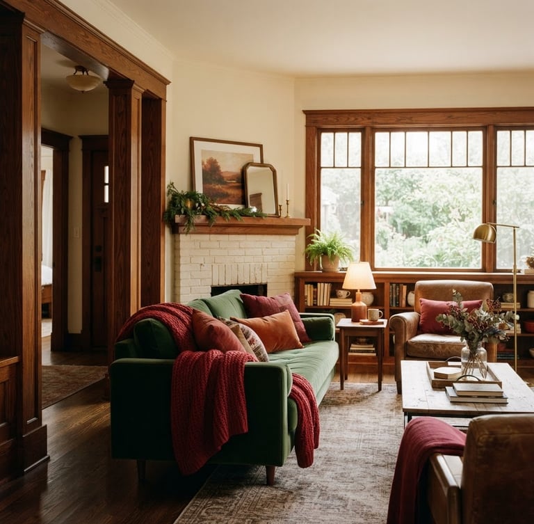 Warm editorial 35mm photography of a beautifully remodeled living room with rich wood columns, soft natural window light, crimson and forest green decor accents, cozy atmosphere