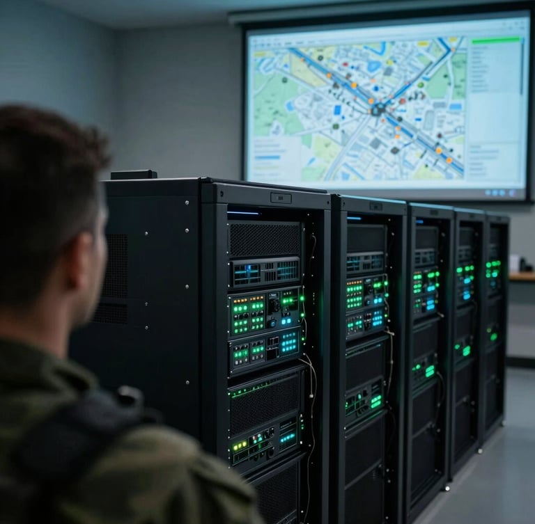 Over-the-shoulder shot of a clean computer lab with server racks, blinking green and cyan LEDs, tactical map on a large wall screen, moody lighting, 35mm lens