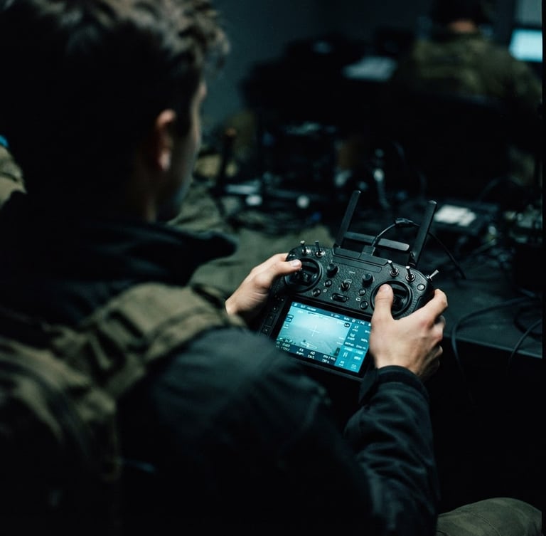 Over-the-shoulder shot of a student's hands holding a tactical drone controller, cool cyan glow from screen showing flight telemetry, low-key lighting, moody atmospheric 35mm lens